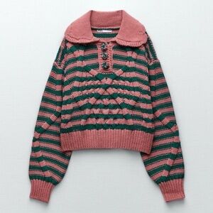 Zara Pink and Teal Striped Cowl Neck Sweater